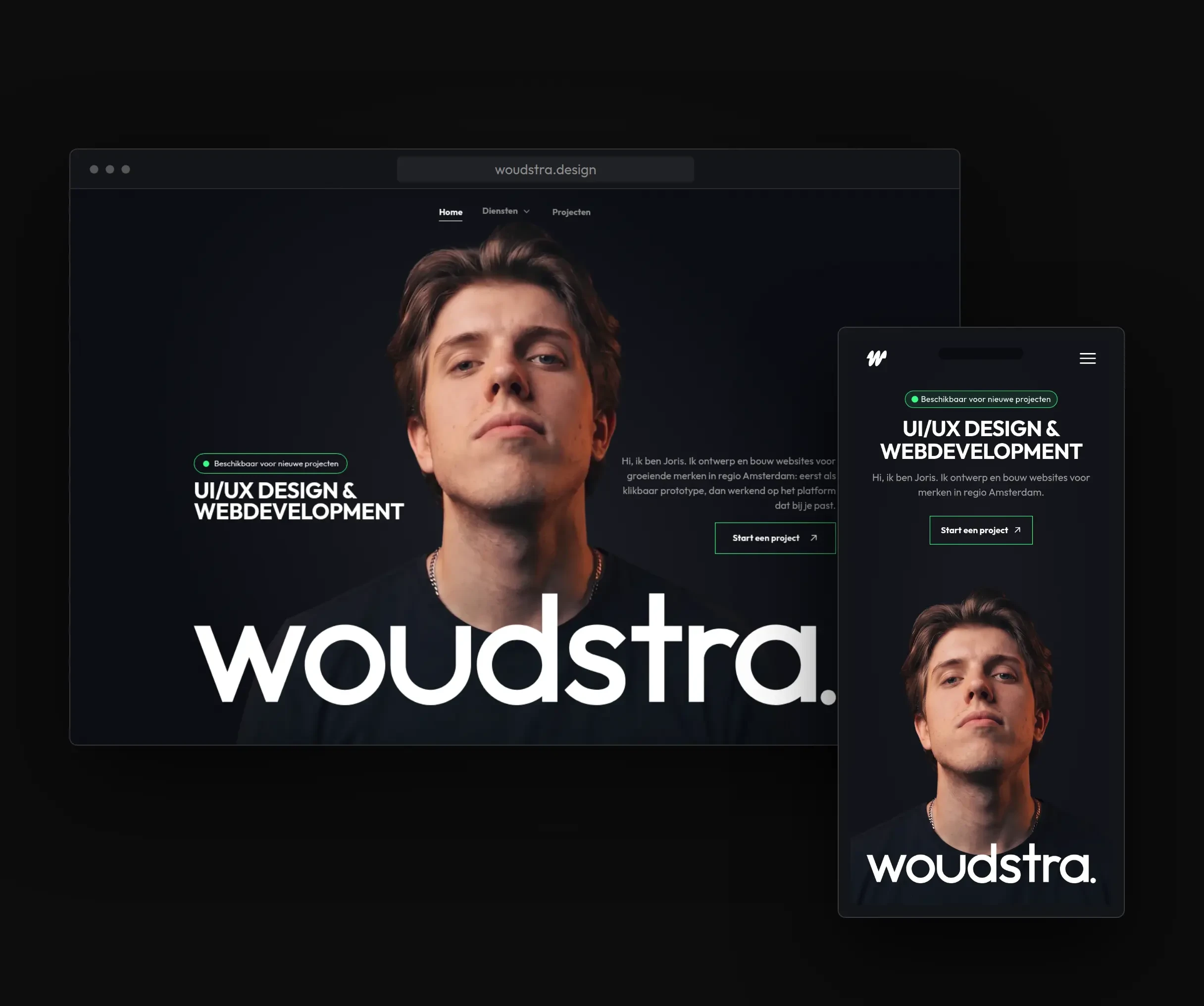 De dienstpagina UI/UX design van woudstra.design, met een Figma-canvas met een desktop- en een mobiel ontwerp